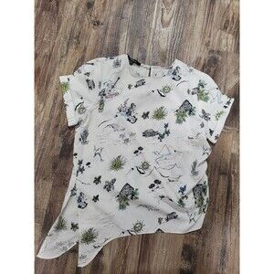 Zara Basics White Tropical Print Tie-Waist Asymmetric Hem Top Blouse Women's M